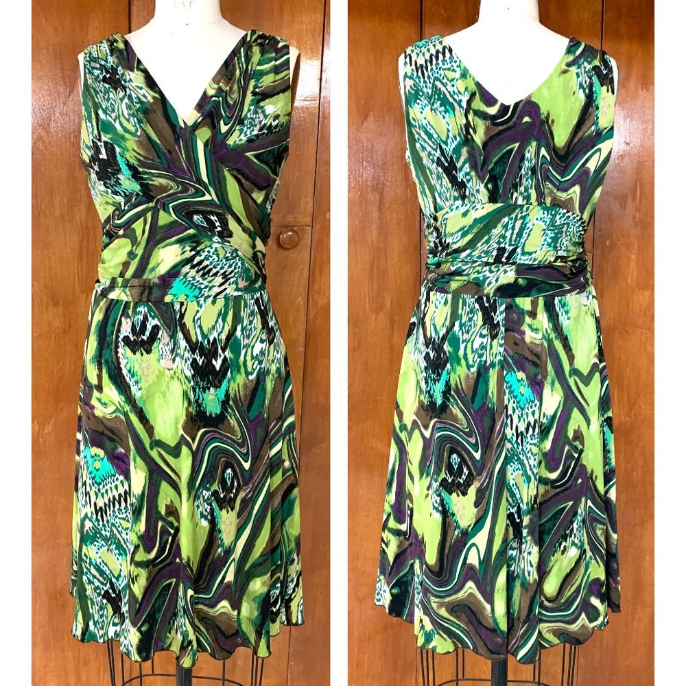 Crossover Front Green and Purple Marble Print Dress